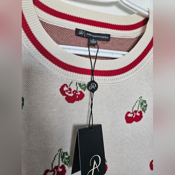 NWT Adrianna Papell Sweater Top Short Sleeve Size L Cherries Print Cream/Red - Picture 4 of 9